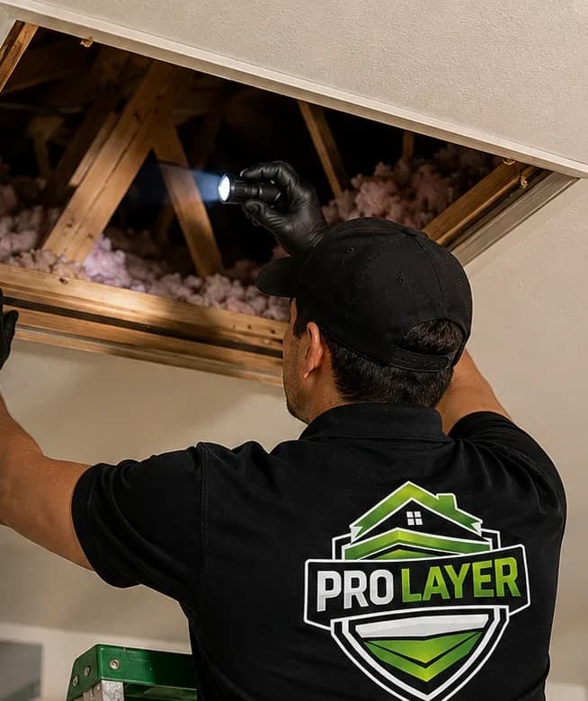 Inspector checking attic insulation and framing with a flashlight