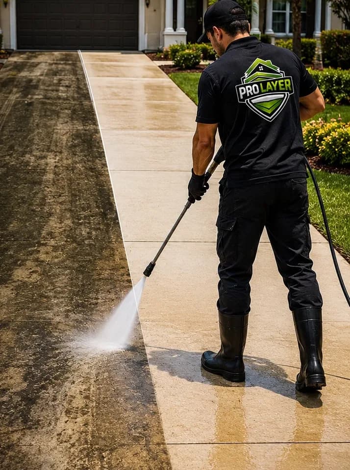 ProLayer technician pressure washing a driveway, showing clean and dirty sections side by side