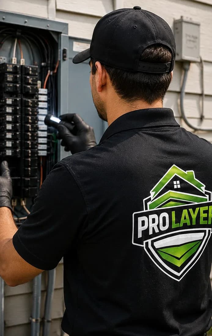 ProLayer inspector examining an electrical panel with a flashlight