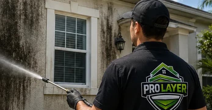 Stucco wall covered with dark mildew stains before soft washing